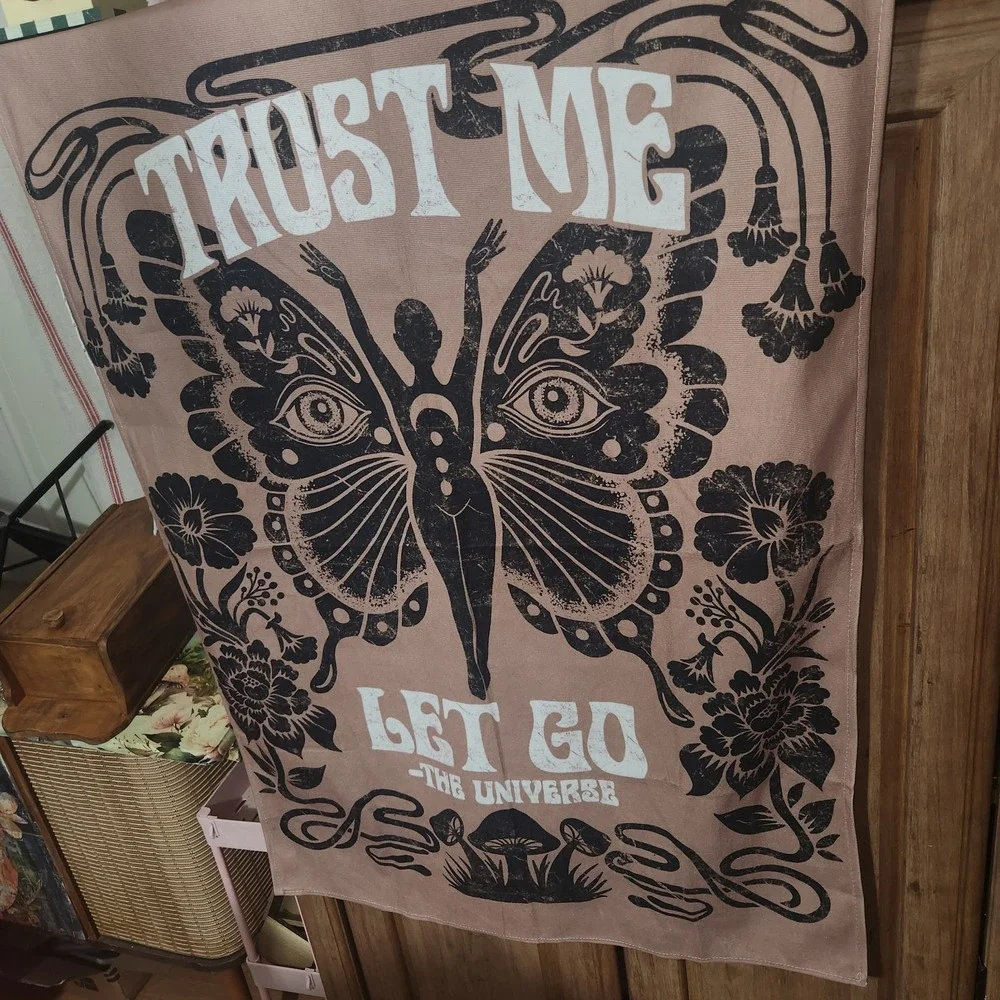 Boho Butterfly Wall Tapestry Trust Me Let Go The Universe Beige Black Spiritual